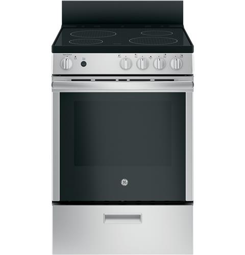GE ADA 24" Stainless Steel Freestanding/Slide-In Front Control Electric Range With Steam Clean And Large Window