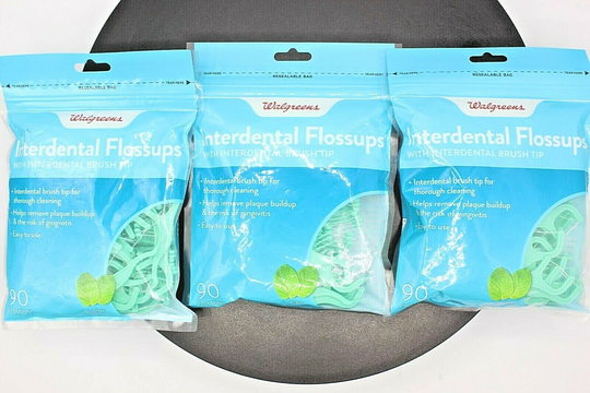 3 Pack! Walgreens Interdental Flossups, Cleaning Brush Tip, Mint, 90 Count each