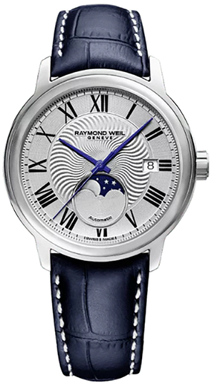 Raymond Weil Maestro Automatic Moon Phase Silver Dial Blue Leather Strap Watch, 39.5mm
