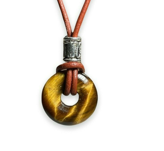 Golden Tiger Eye Donut Pendant Necklace Very Small 18mm Leather Cord Adjustable