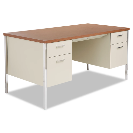 Alera 60" Double Pedestal Steel Desk, Cherry/Putty