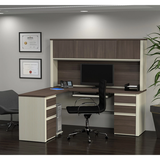 Bestar Prestige + OfficePro 99000 6-Drawer L-Shaped Desk with Hutch, White Chocolate/Antigua