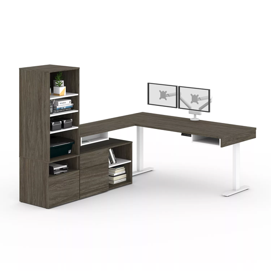 Viva Two 72"W L-Shaped Standing Desks with Dual Monitor Arms and Storage, Walnut Grey & White