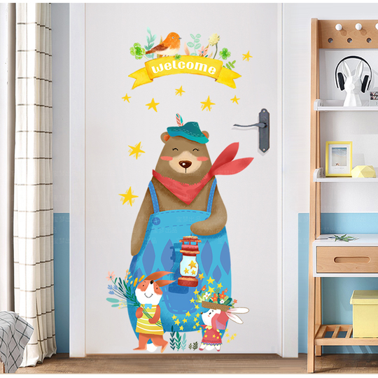 Angel Vinyl Cartoon Bear Welcome Wall Decals Nursery Animal Door Stickers Decor
