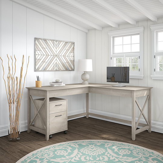 Washed Gray L Shaped Desk with Mobile File Cabinet - Key West