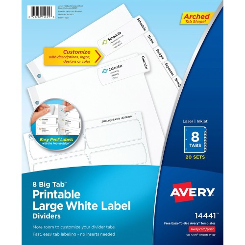 Avery® Big Tab Printable Large White Dividers with Easy Peel, 8 Tabs