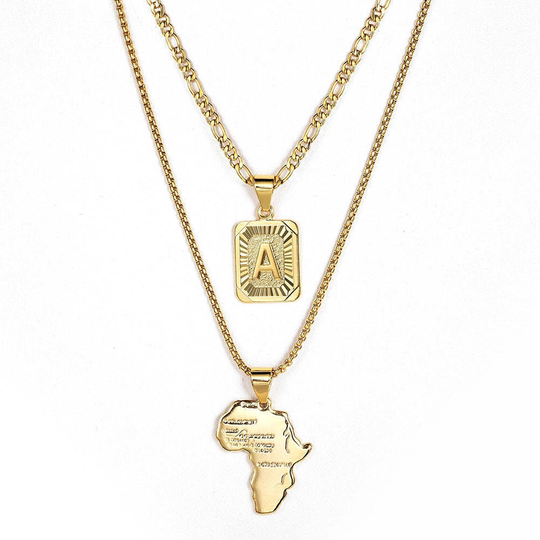 2pcs/set Letter Map Pendants Necklace Figaro Box Link Chain For Women Men Gold L