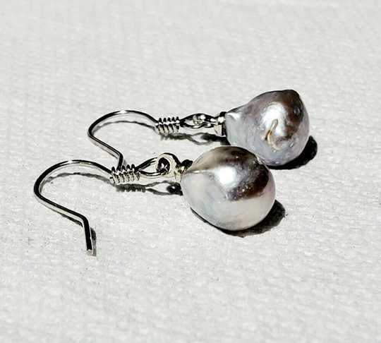 Akoya saltwater pearl drop earrings grey baroque shape