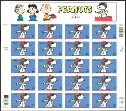 Peanuts - Snoopy Full Sheet of Twenty 34 Cent Stamps Scott 3507 By USPS