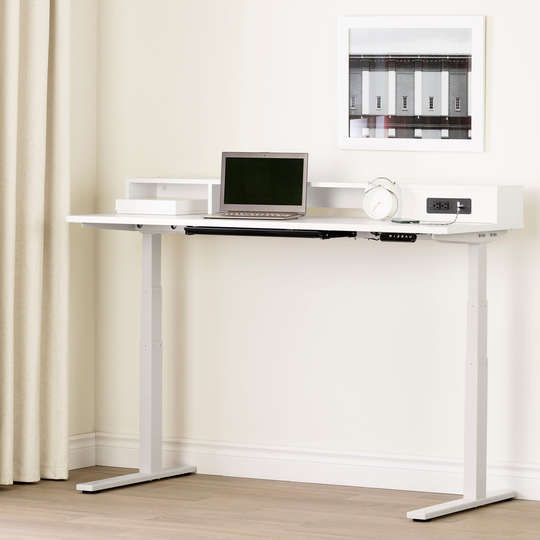 Majyta White Adjustable Height Standing Desk with Built In Power Bar