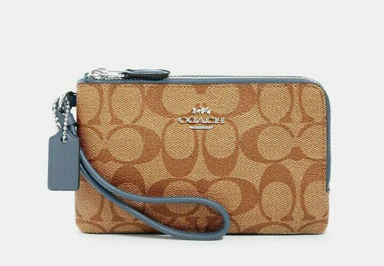 New Coach 87591 Double corner zip wristlet Khaki / Marble