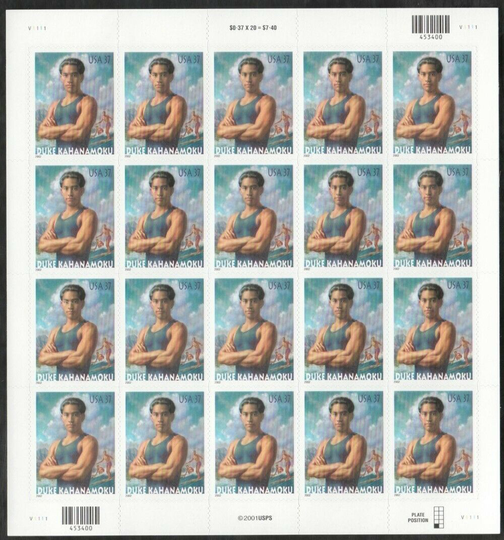 Duke Kahanamoku Surfing Sheet of Twenty 37 Cent Postage Stamps Scott 3660