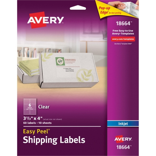 Avery® Clear Shipping Labels, Sure Feed, 3-1/3" x 4" , 60 Labels (18664)