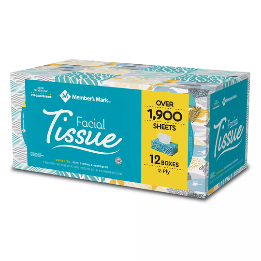 Member's Mark Soft & Strong Facial Tissues, 12 Flat Boxes, 160 2-Ply Tissues per Box (1920 Tissues Total)