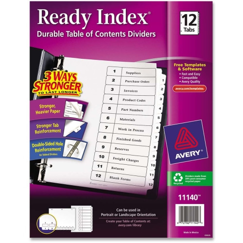 Avery Ready Index 12 Tab Dividers, Customizable TOC, 1 Set (11140)