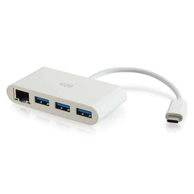 C2G USB-C to Ethernet Adapter with 3-Port USB Hub - White