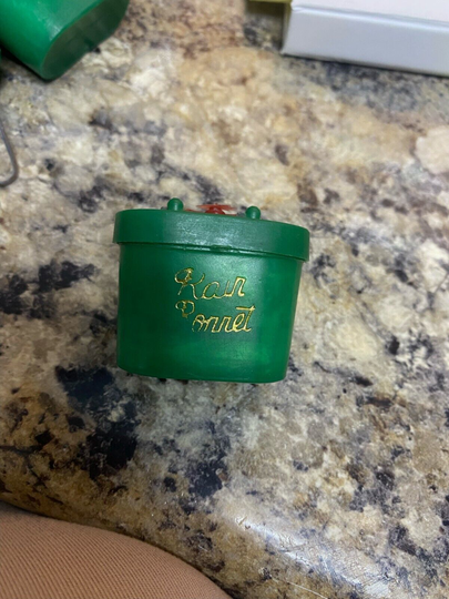 True Vintage 1960s Green Rain Bonnet Basket and Original Rain Cap Made in Korea
