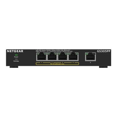 NETGEAR GS305PP - Switch - unmanaged - 5 x 10/100/1000 (4 PoE) - desktop, wall-mountable - PoE (83 W) - DC power