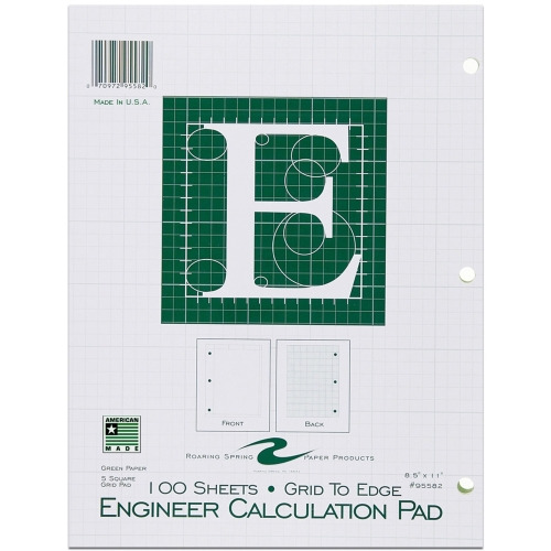 Roaring Spring 5x5 Grid Engineering Pad, 15 Green, 3 Hole Punched, 8.5