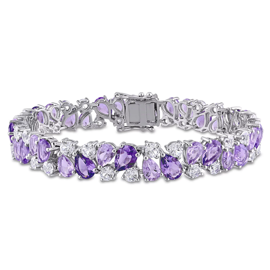 29.88 CT. Amethyst, Rose de France and Created White Sapphire Multi-Color Gemstone Bracelet in Sterling Silver
