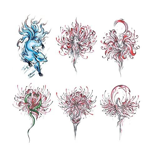 6 Sheets Sexy Flower Arm Thigh Temporary Tattoos Blue Nine Tailed Fox Red Petuni