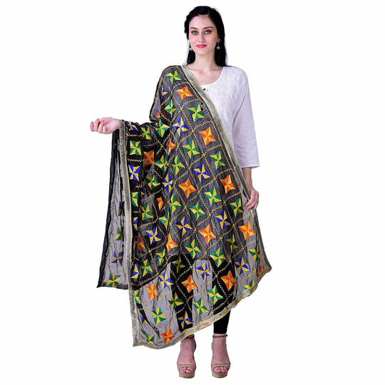 Women Phulkari Chiffon Dupatta Stole Embroidery Indian Scarf Party Wear