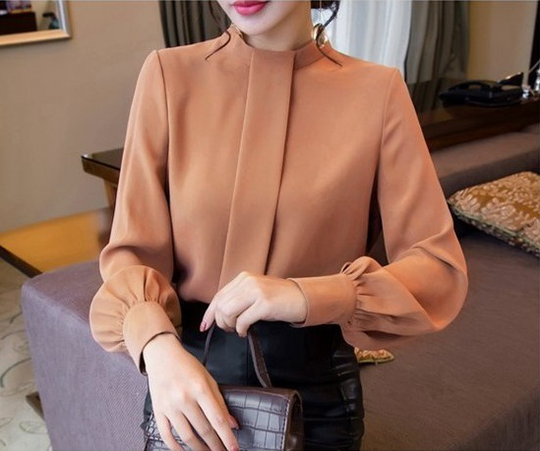 Camel brown long buttoned sleeve elegant female blouse women shirt office top