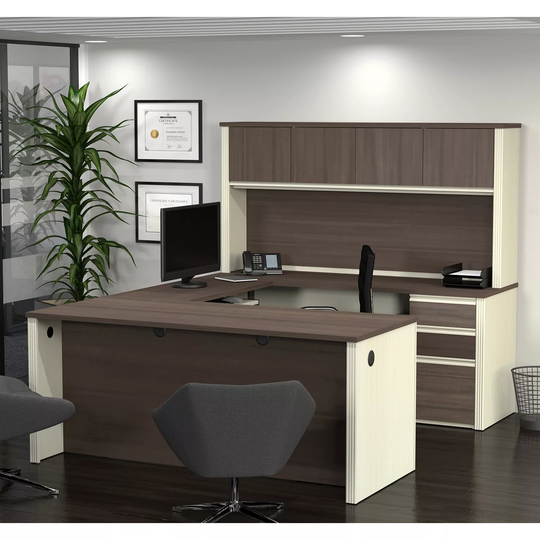 Bestar Prestige + OfficePro 99000 6-Drawer U-Shaped Desk with Hutch, White Chocolate/Antigua