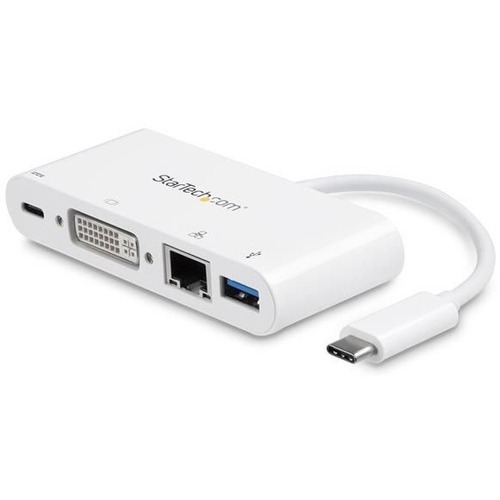StarTech.com USB C Multiport Adapter - with Power Delivery (USB PD) - USB C to USB 3.0 / DVI / Gigabit Ethernet - USB-C Hub