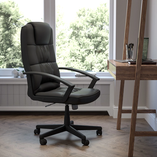 Flash Fundamentals High Back Black LeatherSoft-Padded Task Office Chair with Arms, BIFMA Certified