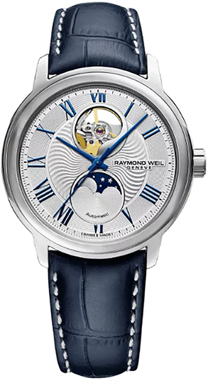 Raymond Weil Maestro Moon Phase Silver Dial Blue Leather Strap Watch, 39.5mm