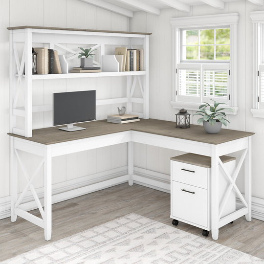 Key West White and Gray Shiplap 60 Inch Desk with Hutch and File.